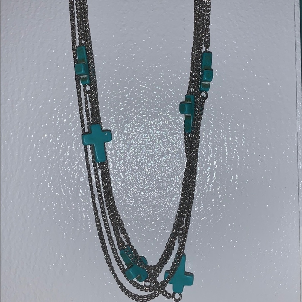 Turquoise cross silver chain necklace layered